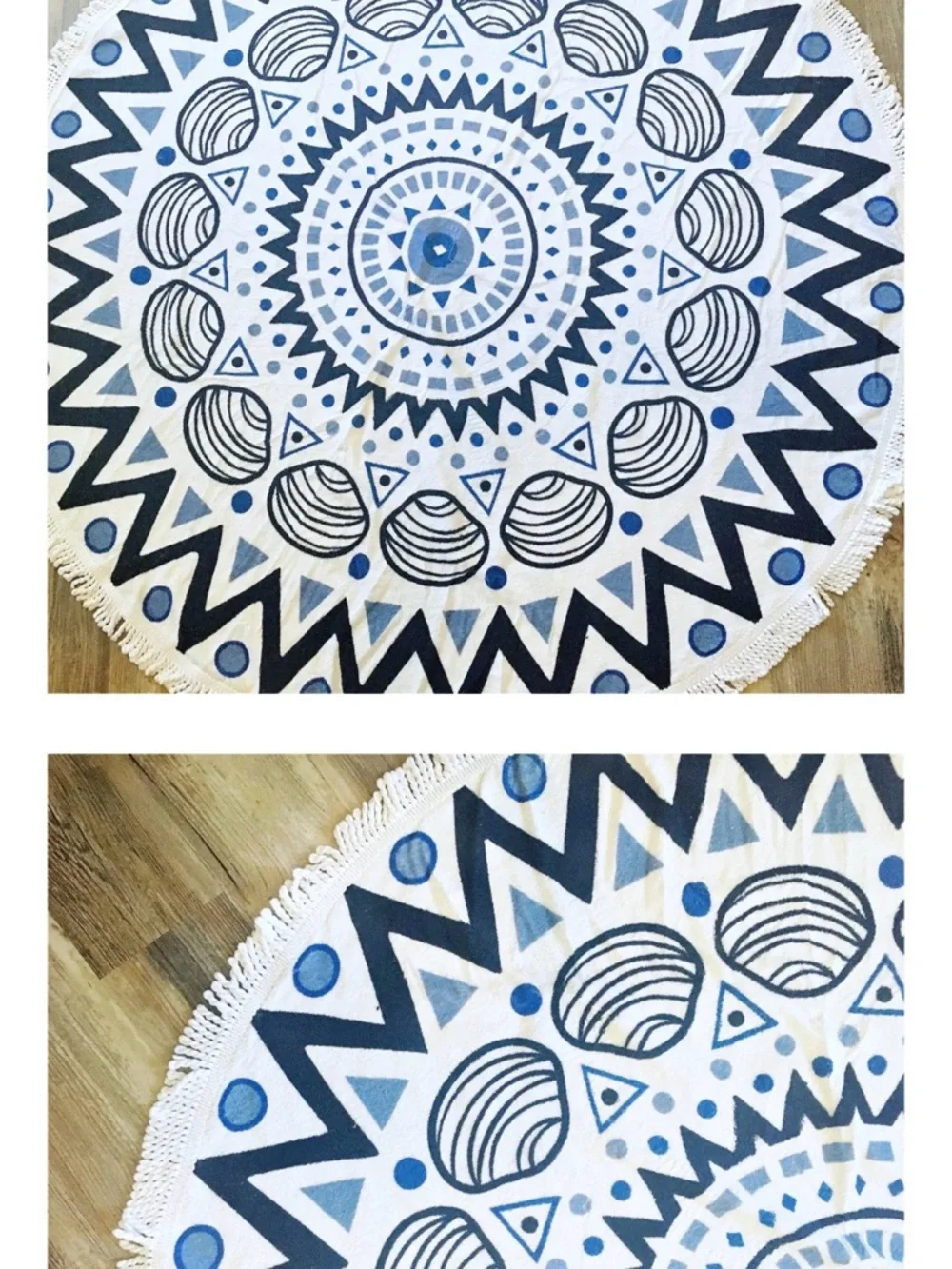 Tofino Chesterman 59” Round Shell-Print Beach Towel in White & Blue